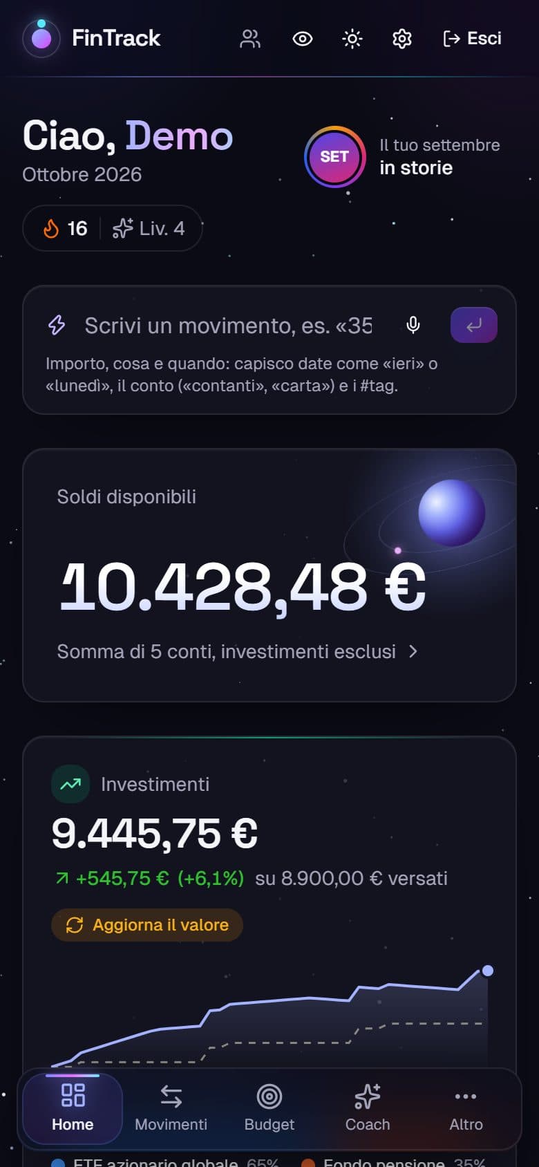 La dashboard di FinTrack sul telefono con i soldi disponibili e gli investimenti