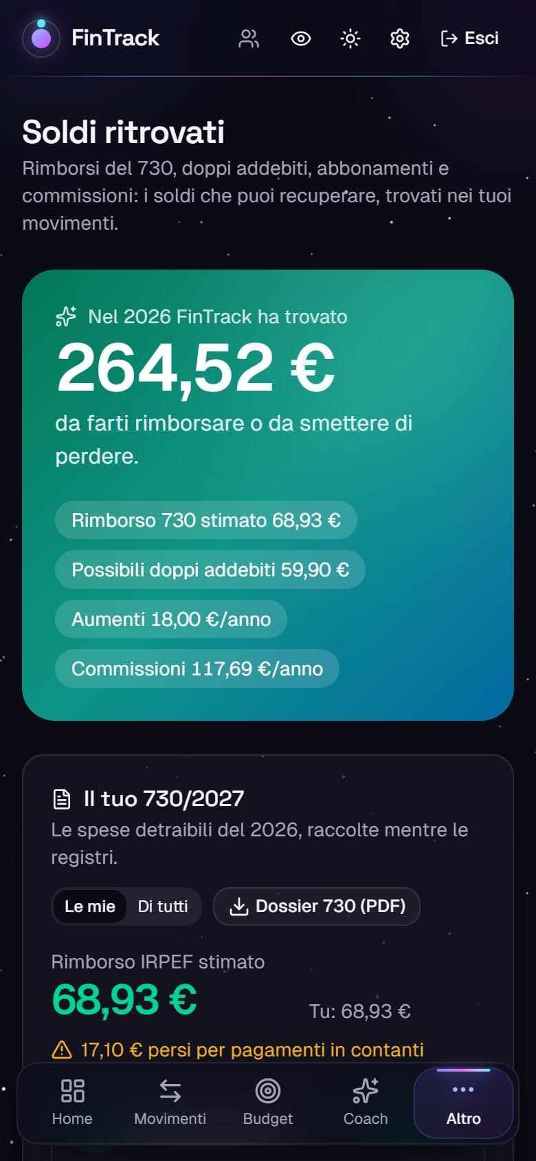 Soldi ritrovati: 221,85 € trovati, con il rimborso 730 stimato